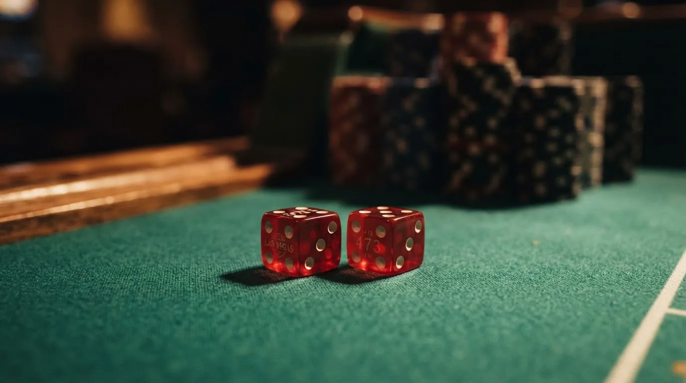 Röda tärningar vilar på grönt filt, bakom dem suddiga torn av spelmarker i kvällsdunklet — casinon med låg insättning