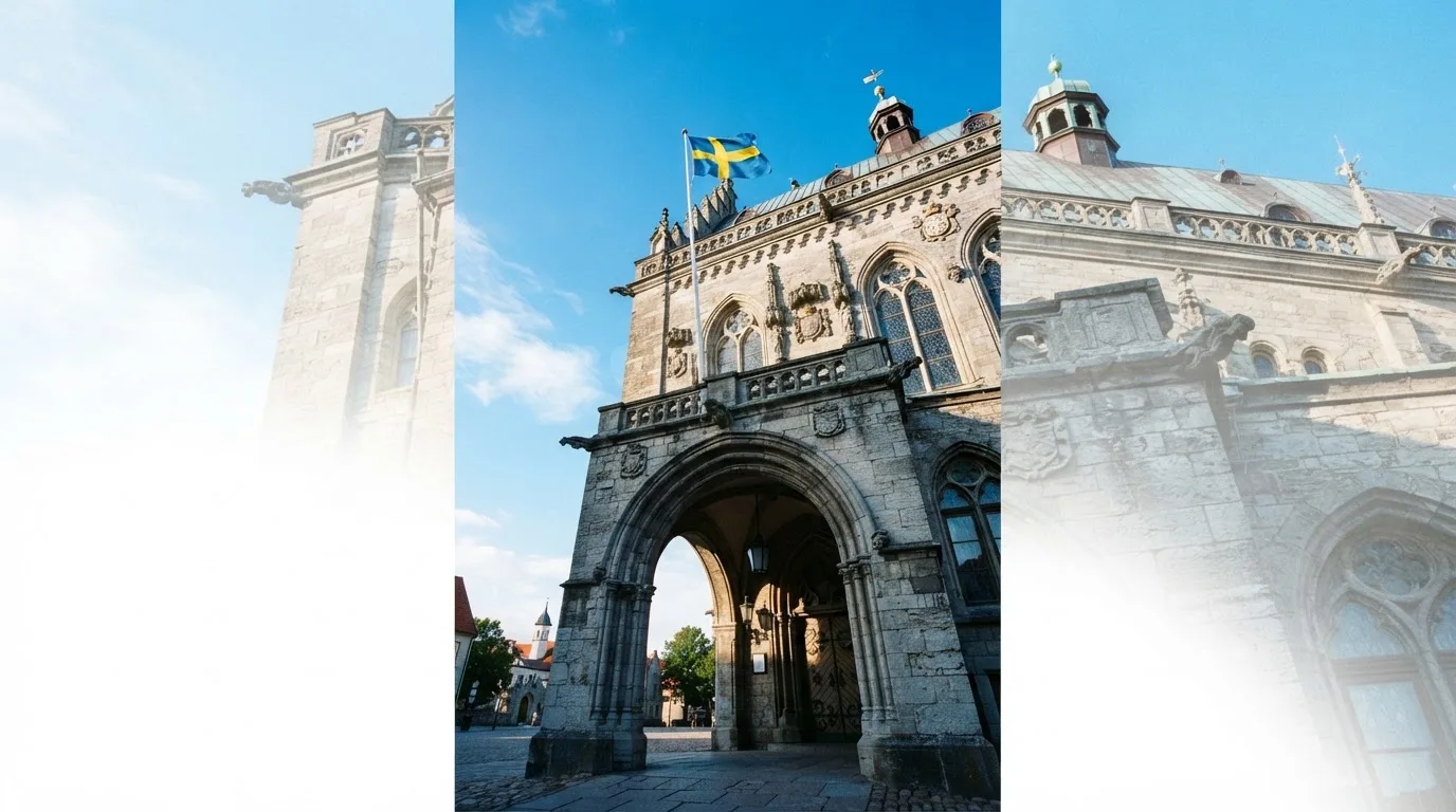 Ett gammalt stadshus i sten fotograferat underifrån mot en klarblå himmel, med den svenska flaggan som fladdrar ovanför entrén.