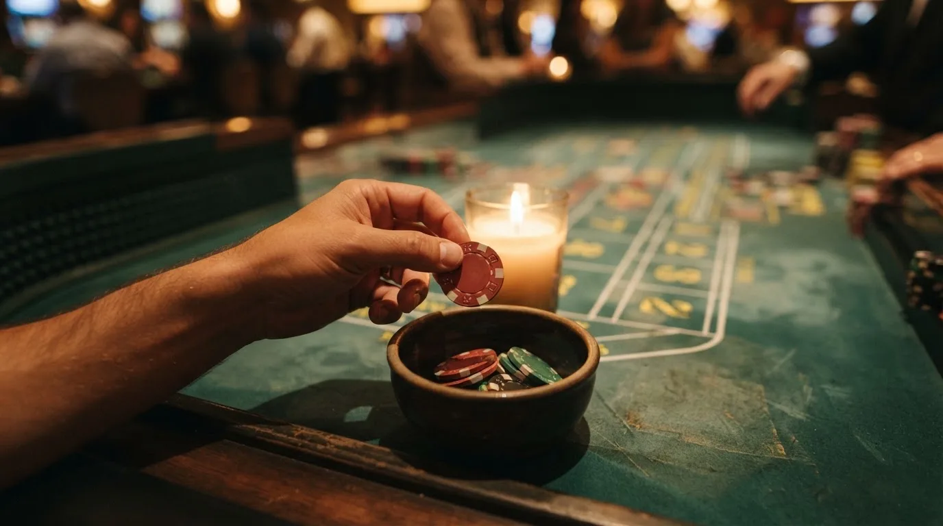 En hand lyfter en spelmark ur en skål, ljuslågan färgar bordet gyllenbrunt — casinon med roulette i sverige