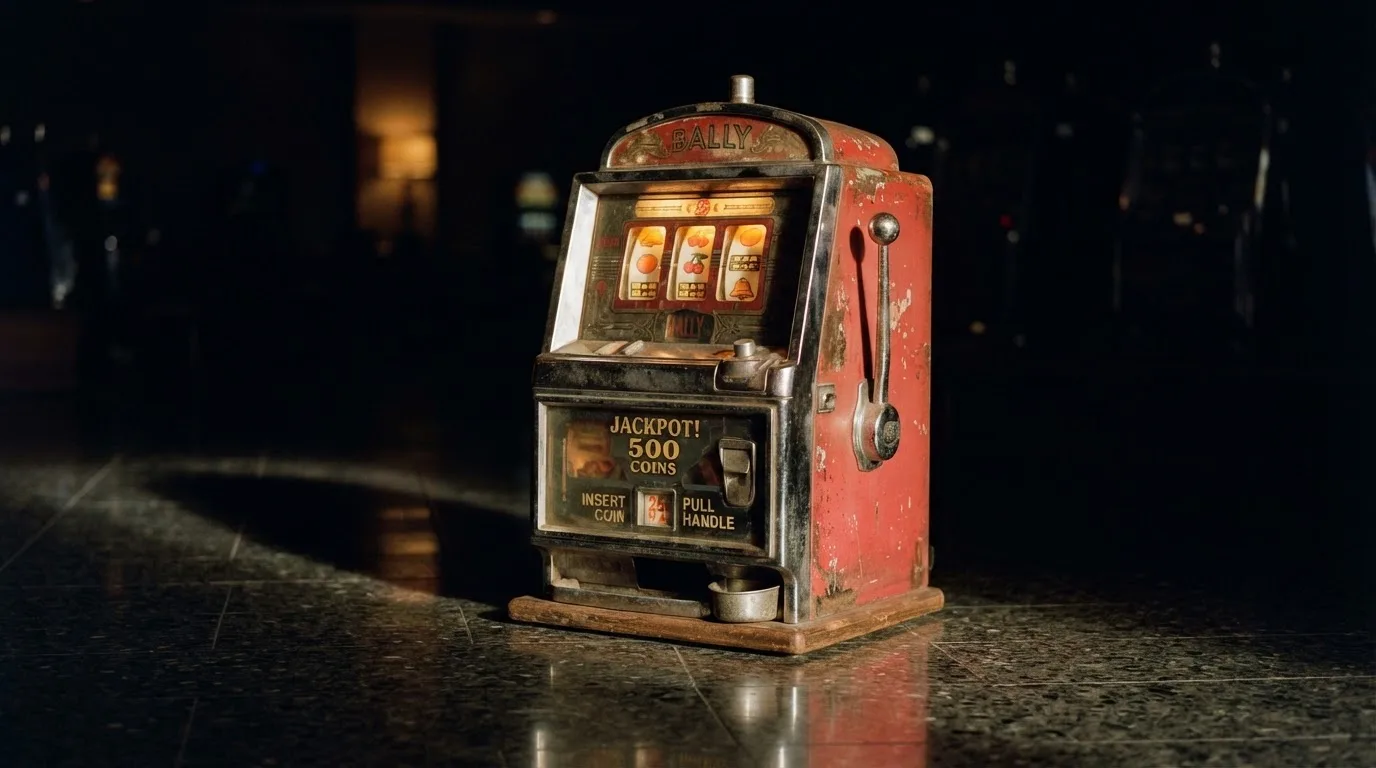 En gammal spelautomat lyser i den dunkla hallen och speglar sig i golvet — casinon med slots i sverige