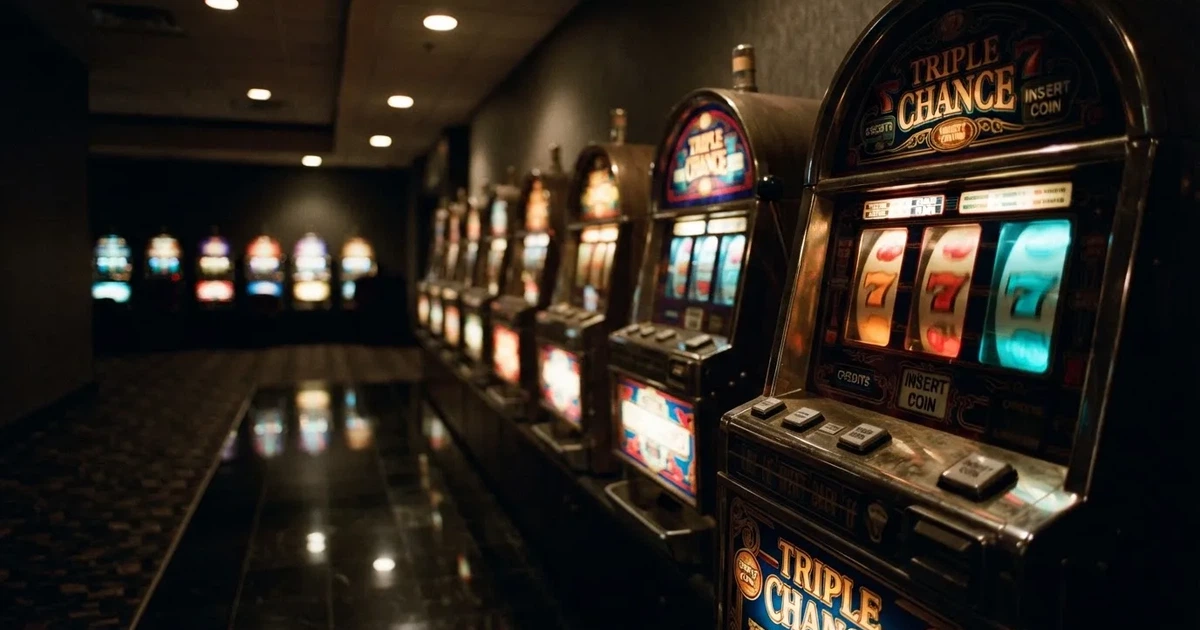 En rad spelskåp i en dunkel hall, rullarna lyser i olika färger och golvet speglar dem — casinon med slots i sverige