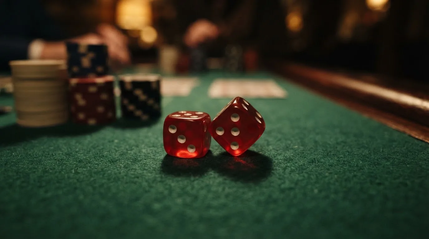 Röda tärningar vilar på grönt filt, bakom dem suddiga torn av spelmarker i kvällsdunklet — casinon med spelautomater i sverige