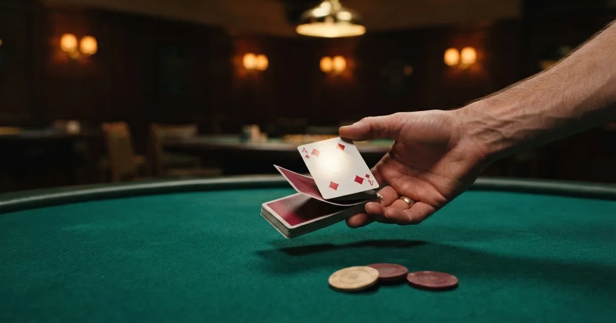 Croupierens händer blandar kort på grönt filt, taklampan speglas i den blanka kortbunten — casinon med spelautomater i sverige