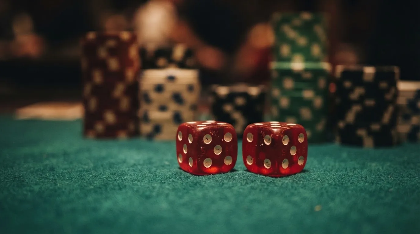 Röda tärningar vilar på grönt filt, bakom dem suddiga torn av spelmarker i kvällsdunklet — casinon med uttag i sverige