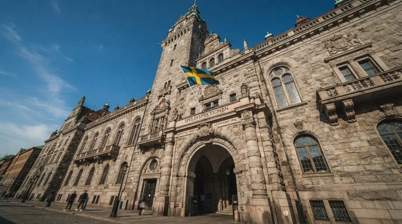 Ett gammalt stadshus i sten fotograferat underifrån mot en klarblå himmel, med den svenska flaggan som fladdrar ovanför entrén.
