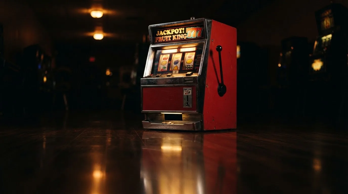 En gammal spelautomat lyser i den dunkla hallen och speglar sig i golvet — casinon med välkomsterbjudande