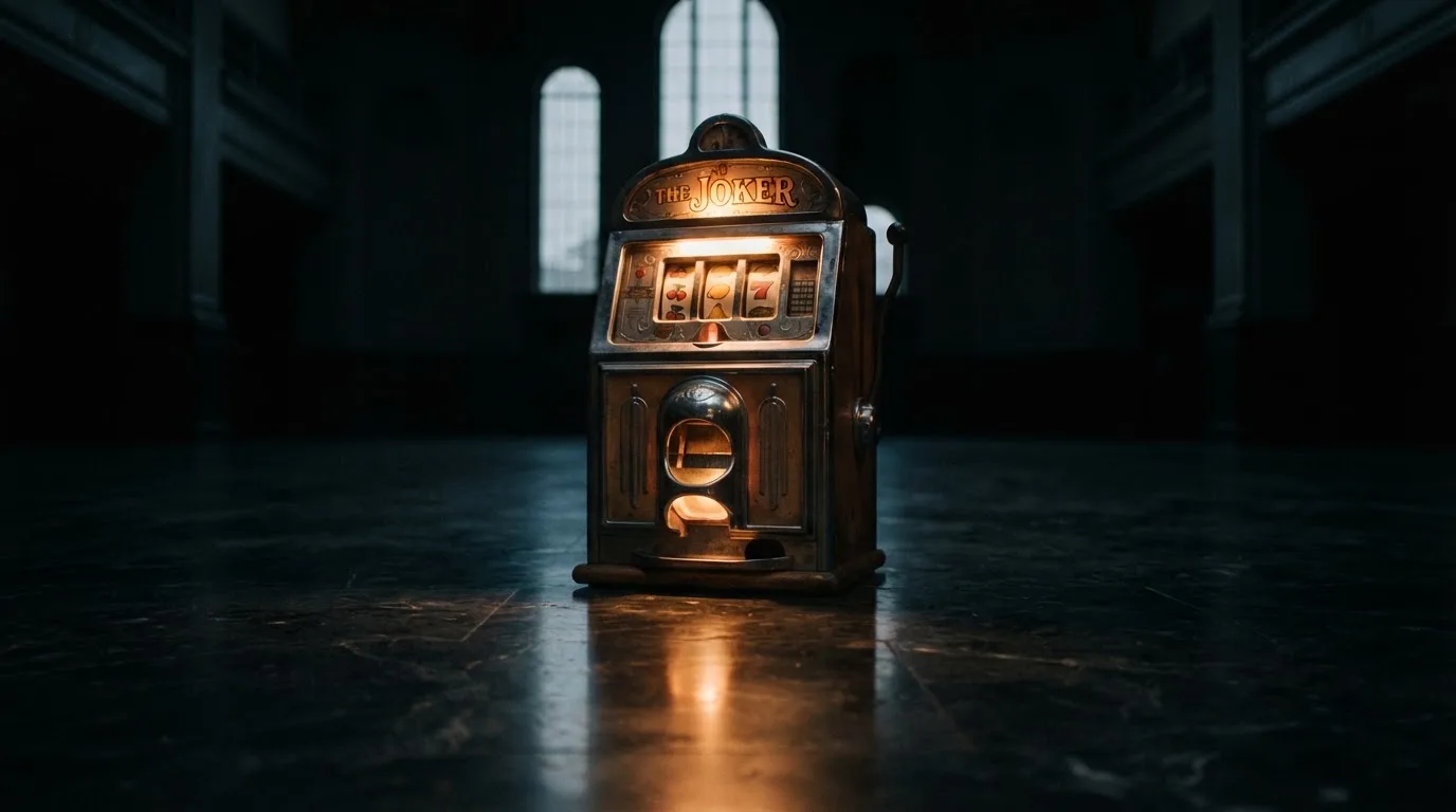 En gammal spelautomat lyser i den dunkla hallen och speglar sig i golvet — casinon utan bankid i sverige