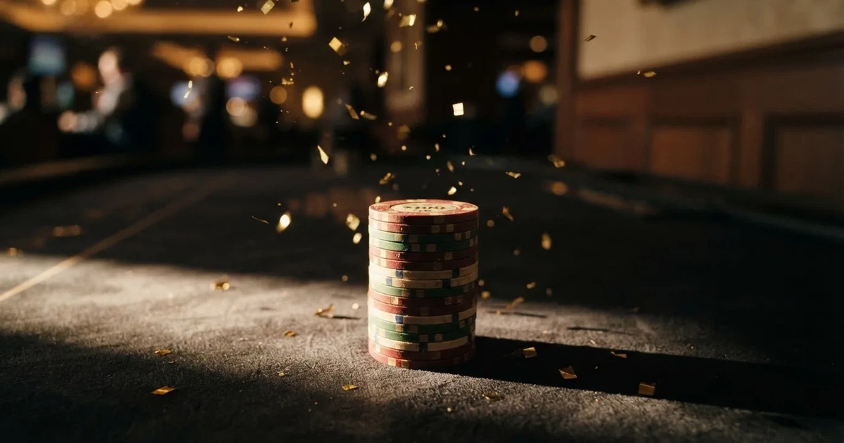 Guldkonfetti faller över spelmarker på ett svart bord, en ljuskägla träffar högens topp — casinon utan insättning i sverige