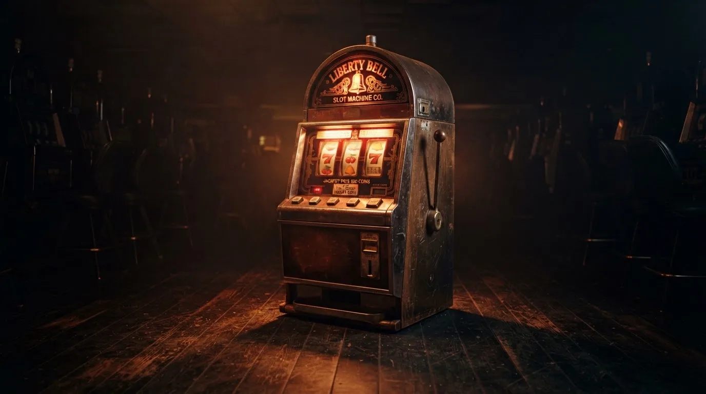 En gammal spelautomat lyser i den dunkla hallen och speglar sig i golvet — casinon utan omsättningskrav