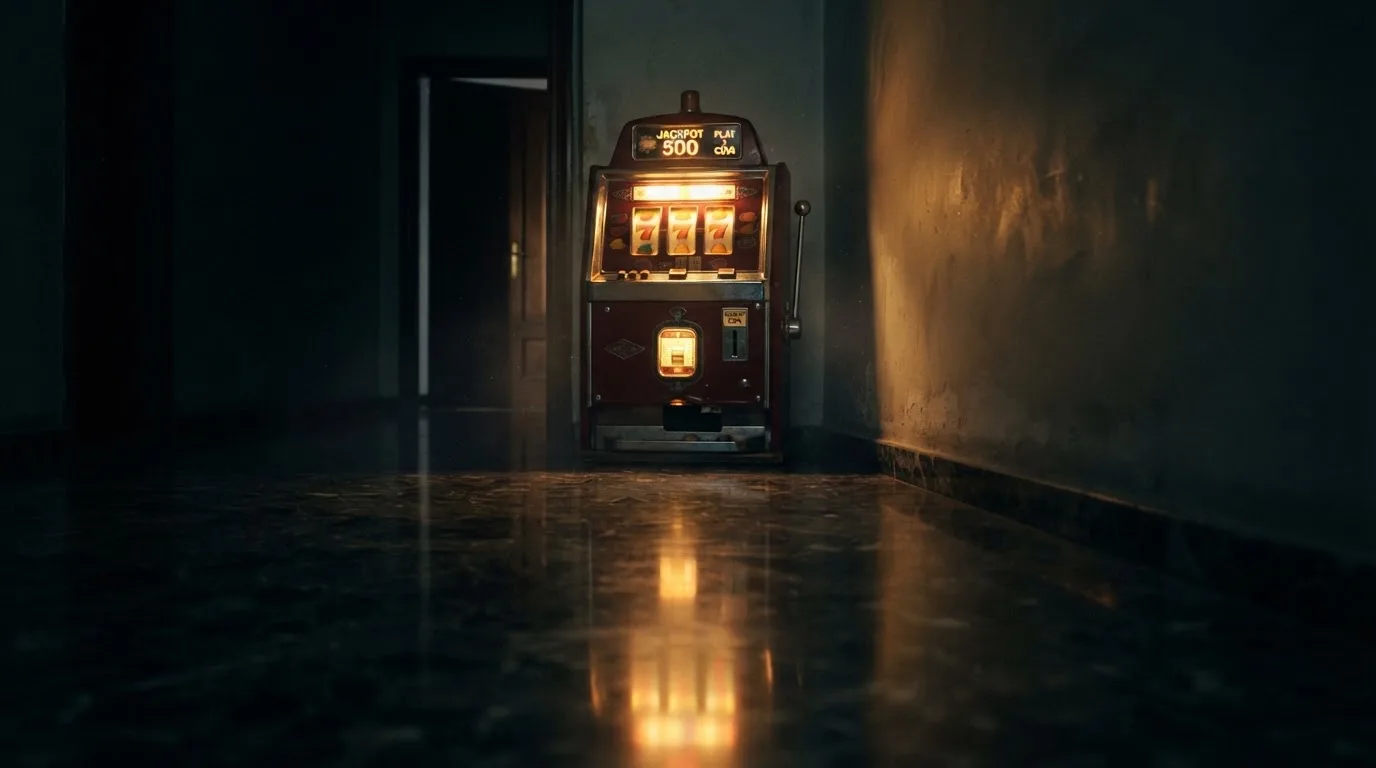 En gammal spelautomat lyser i den dunkla hallen och speglar sig i golvet — casinon utan spelgräns i sverige
