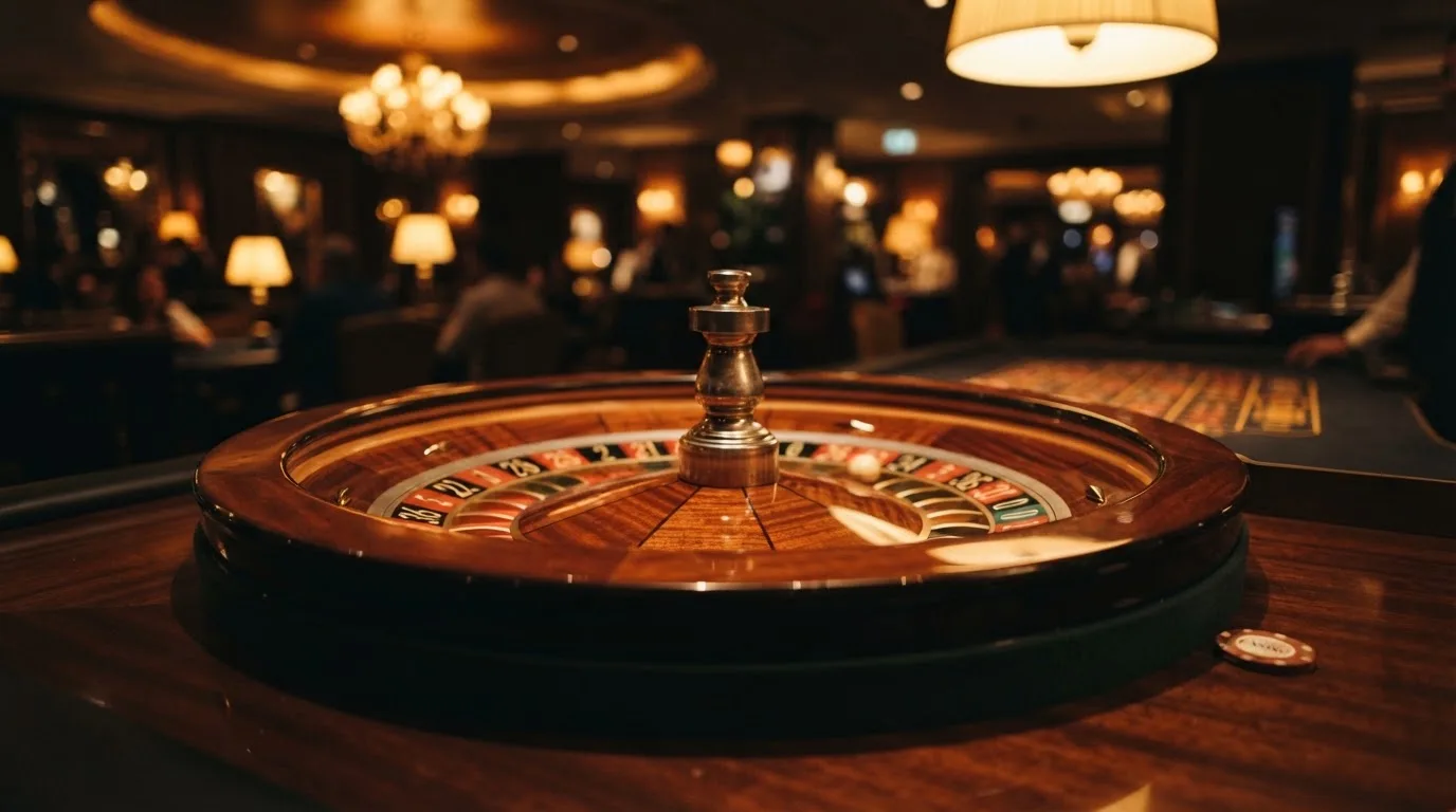 Ett roulettehjul snurrar på ett blankt träbord, den vita kulan glimmar i takljusets guld — casinon utomlands för svenskar