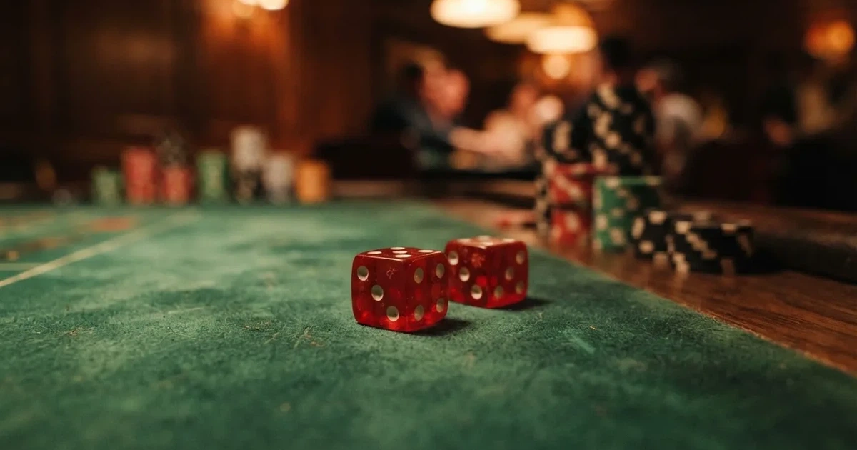 Röda tärningar vilar på grönt filt, bakom dem suddiga torn av spelmarker i kvällsdunklet — casinospel i sverige