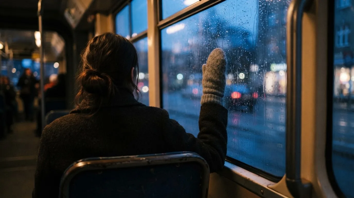 Regndroppar på en spårvagnsruta, bakom glaset en blånande gata, en mjuk yllevante i handen — casinospel i sverige