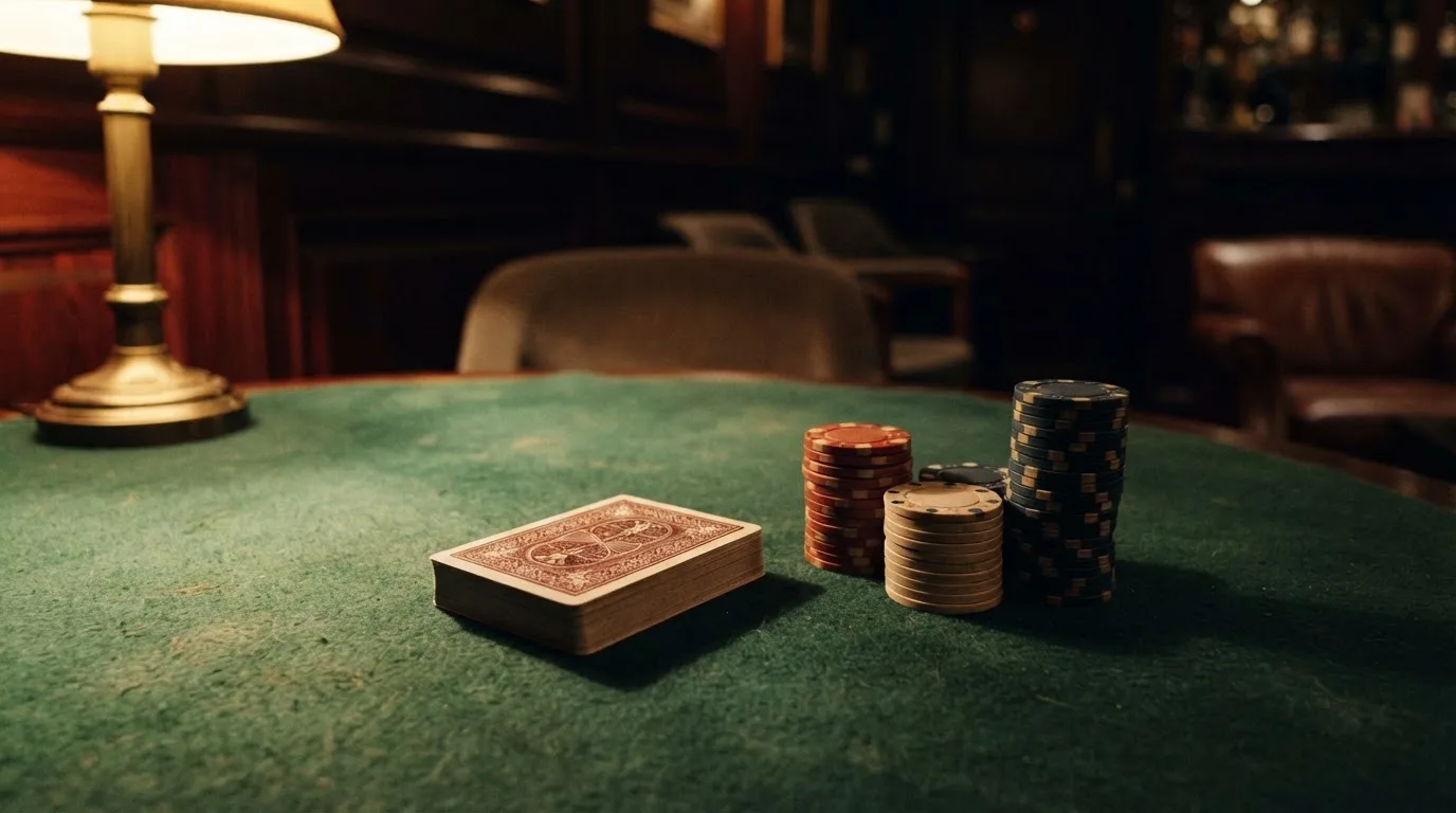 Kortlek och staplar av spelmarker på ett grönt filtbord i en dunkel salong, varmt lampsken — casinostugan för svenskar