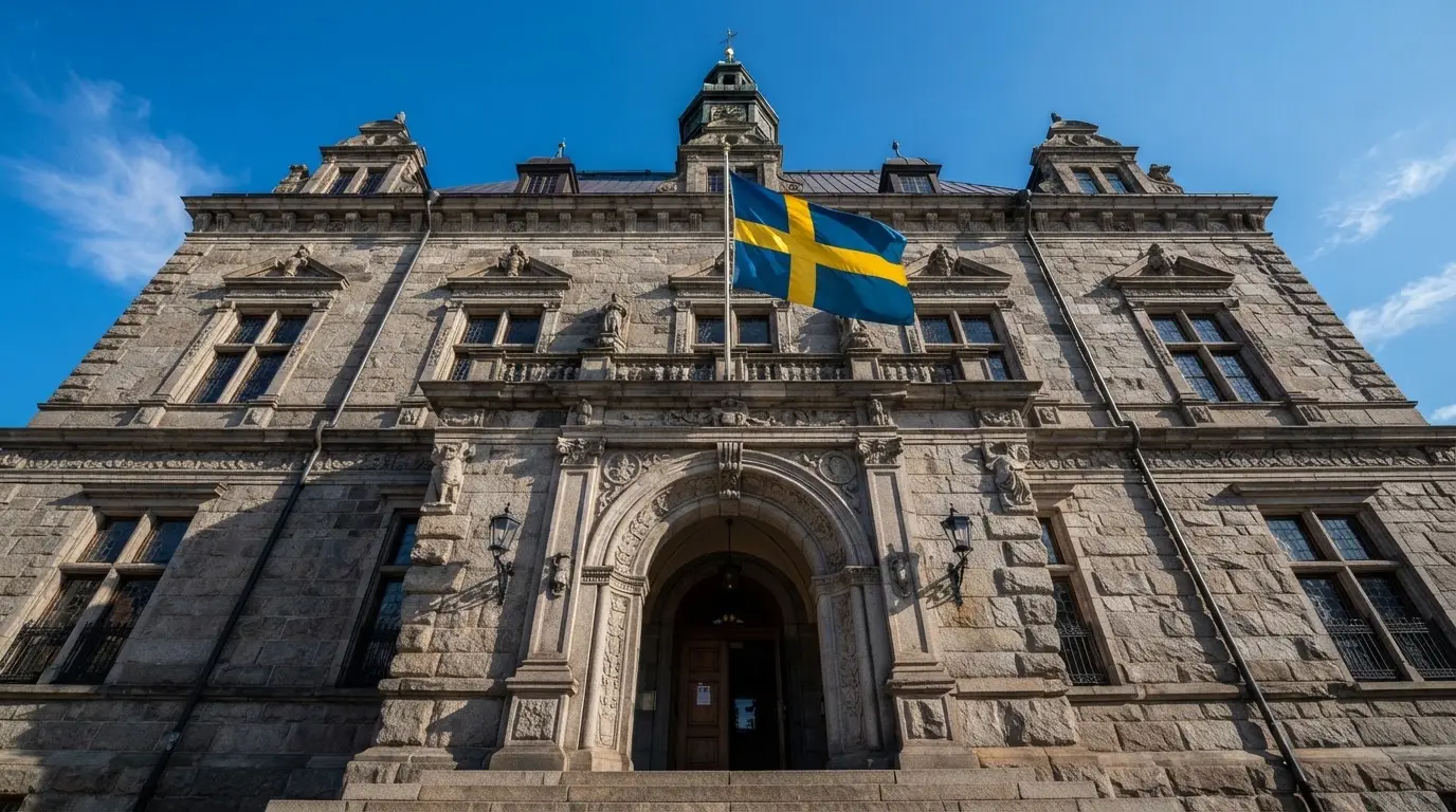 Ett gammalt stadshus i sten fotograferat underifrån mot en klarblå himmel, med den svenska flaggan som fladdrar ovanför entrén.