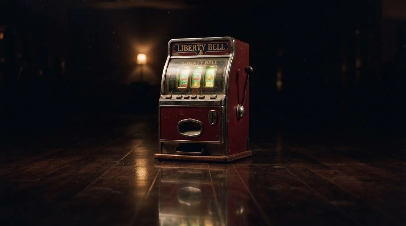 En gammal spelautomat lyser i den dunkla hallen och speglar sig i golvet — hur fungerar casino på nätet