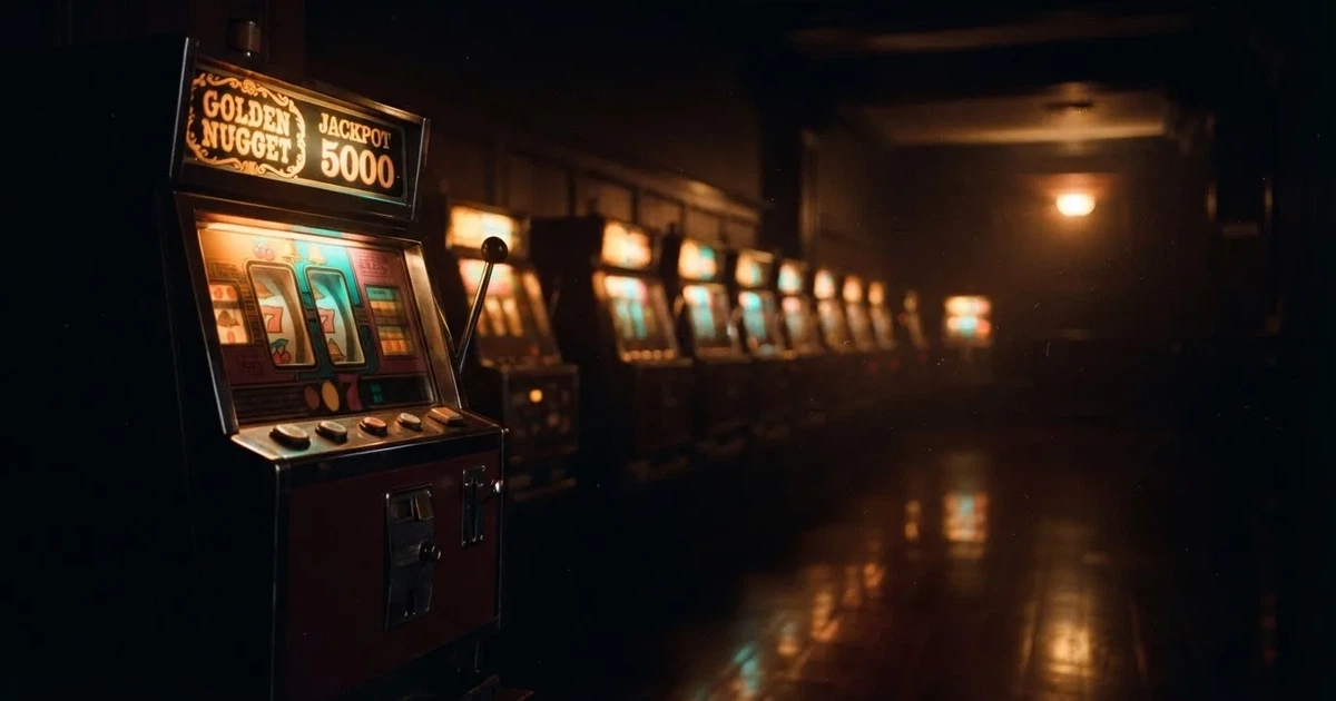 En rad spelskåp i en dunkel hall, rullarna lyser i olika färger och golvet speglar dem — hur fungerar casino på nätet