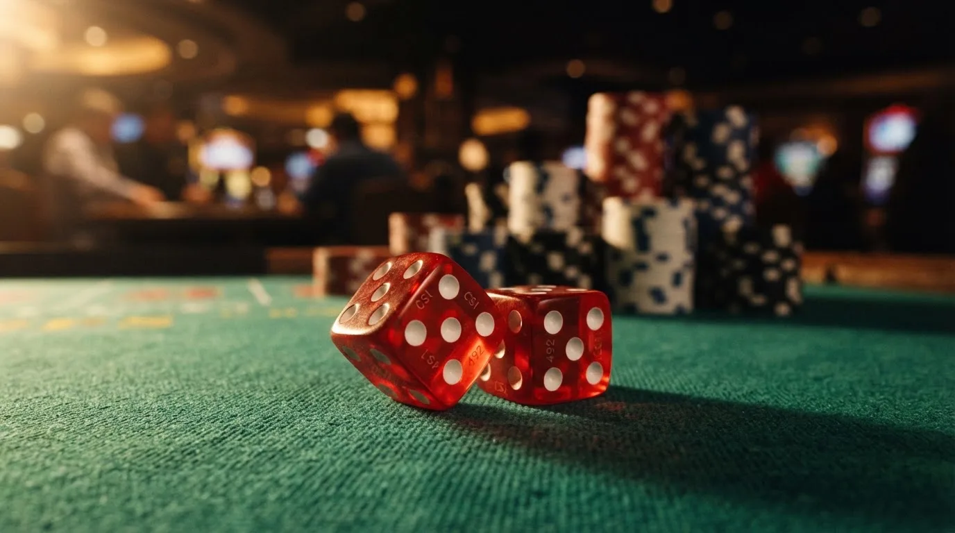 Röda tärningar vilar på grönt filt, bakom dem suddiga torn av spelmarker i kvällsdunklet — hur man vinner på casino