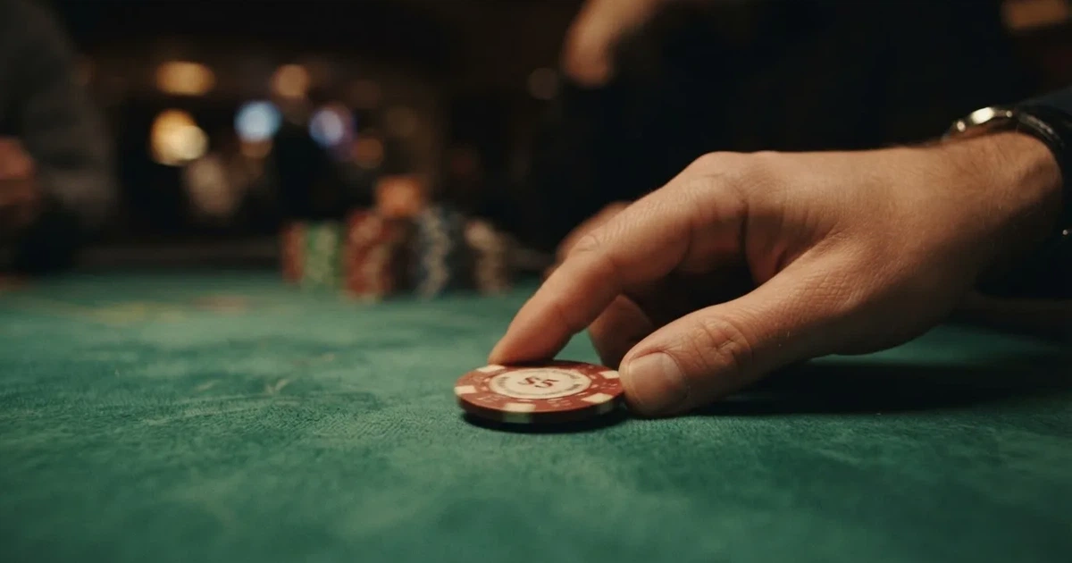 En hand skjuter en spelmark över filten, ljuset träffar fingrarna och markernas kanter glänser — hur man vinner på casino