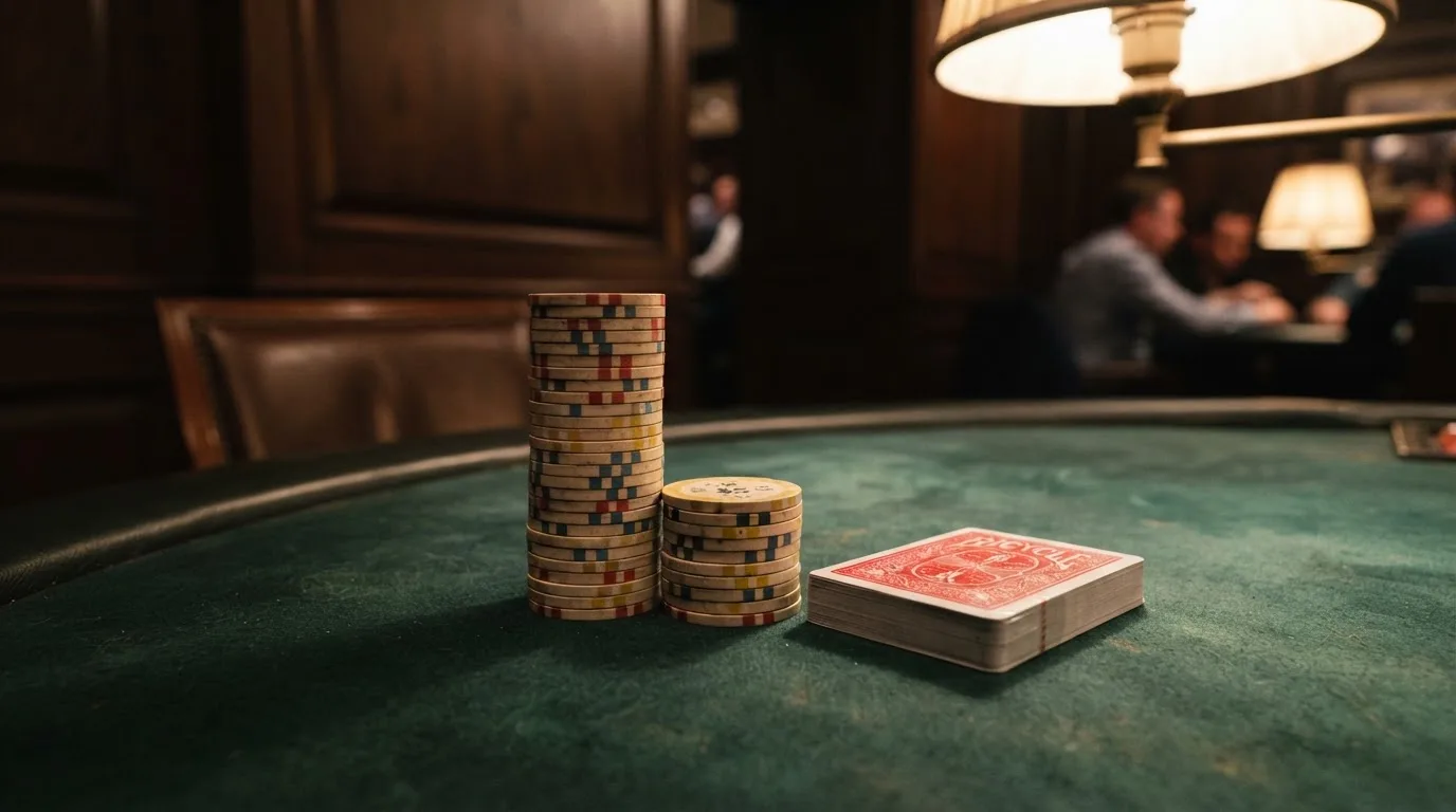 Kortlek och staplar av spelmarker på ett grönt filtbord i en dunkel salong, varmt lampsken — jämförelse av casinon i sverige