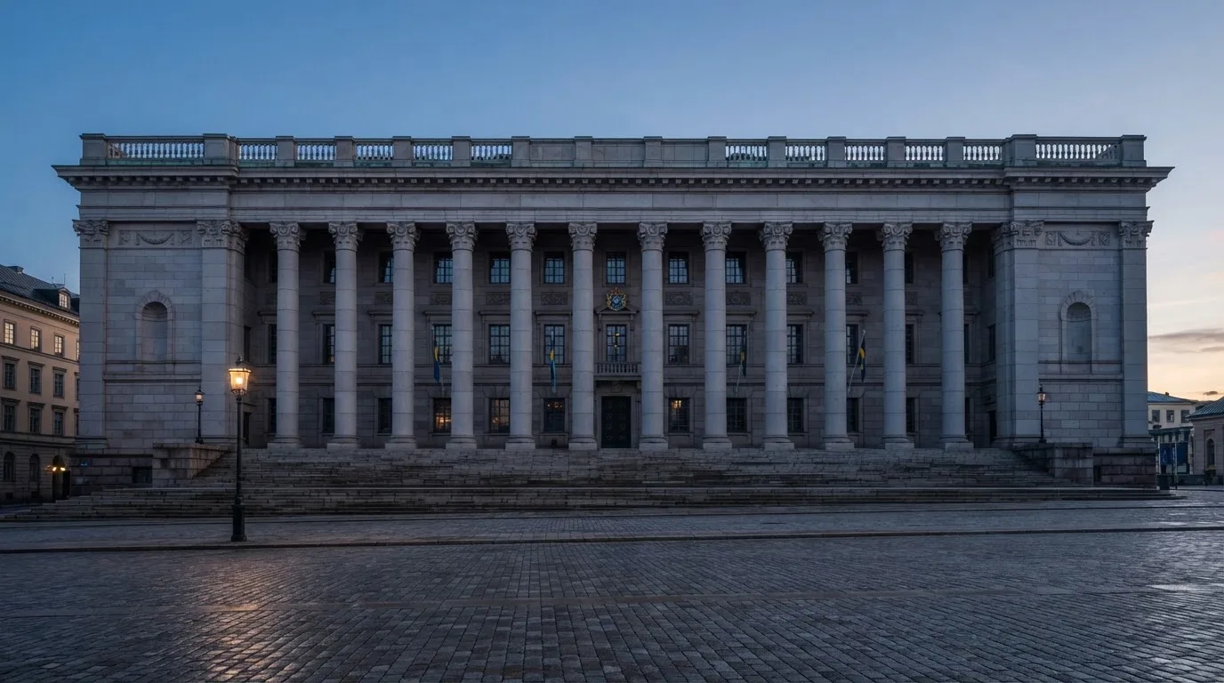 Stenfasad på en statlig byggnad i Stockholm vid gryning, höga pelare och ett tomt torg framför — jämförelse av casinon i sverige