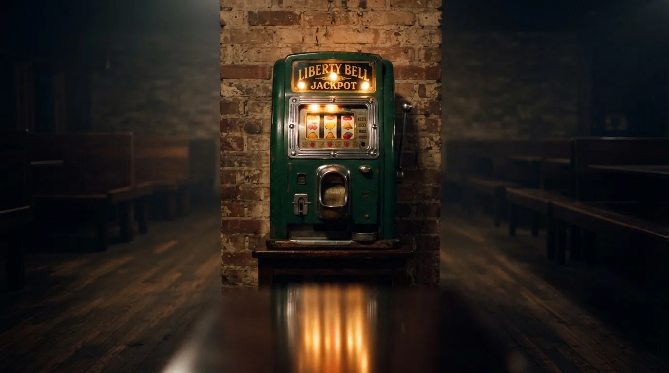 En gammal spelautomat lyser i den dunkla hallen och speglar sig i golvet — kampanjer på casinon i sverige