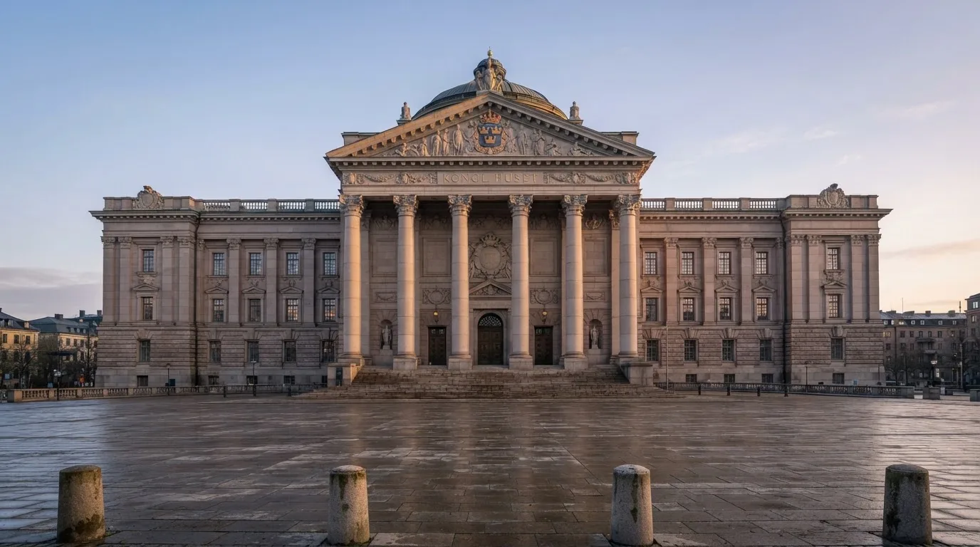 Stenfasad på en statlig byggnad i Stockholm vid gryning, höga pelare och ett tomt torg framför — kasinospel i sverige