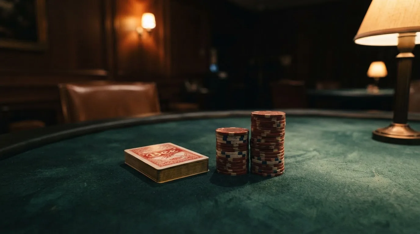 Kortlek och staplar av spelmarker på ett grönt filtbord i en dunkel salong, varmt lampsken — kortspel på ett kasino