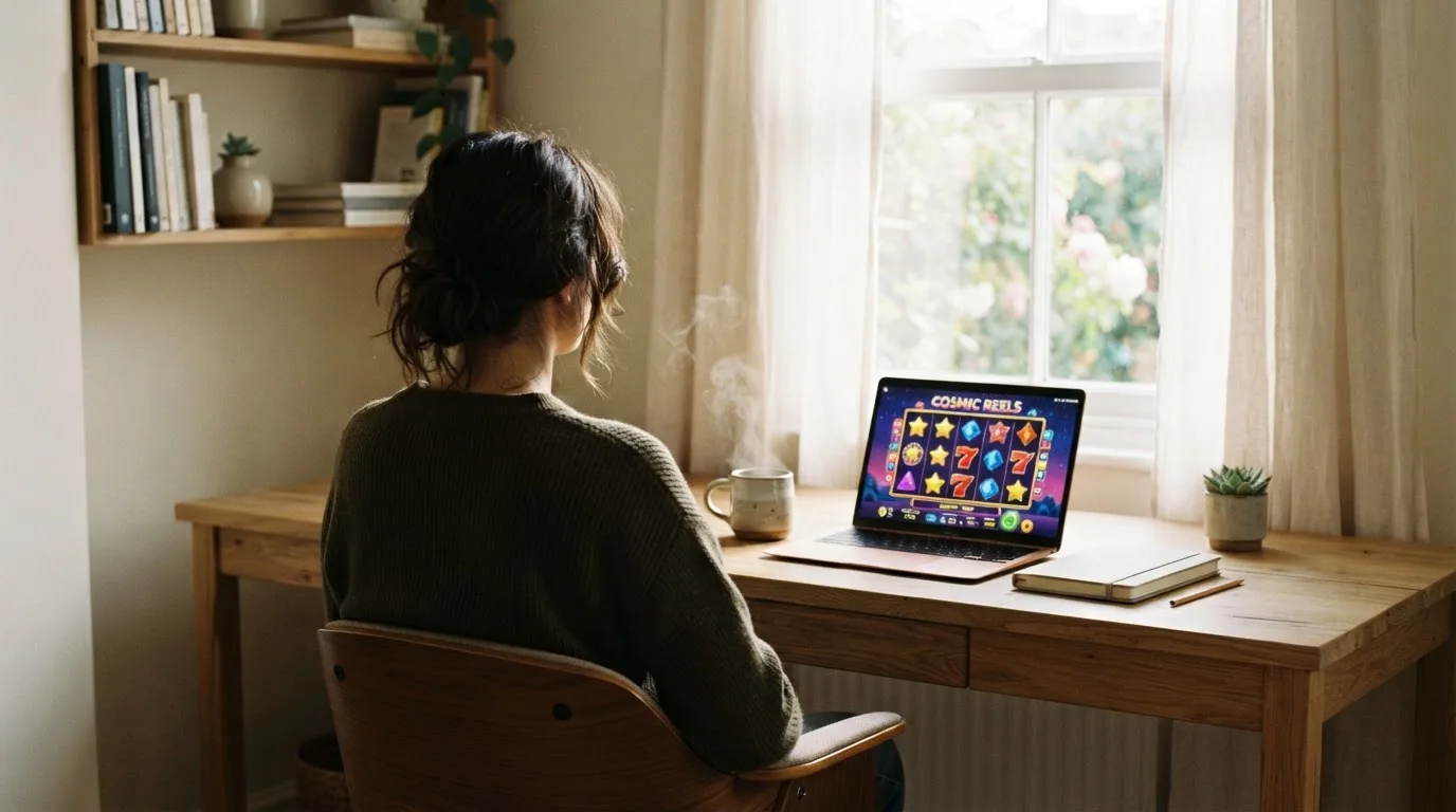 En person sitter vid ett skrivbord hemma med en kopp kaffe och tittar ut genom fönstret i mjukt morgonljus.