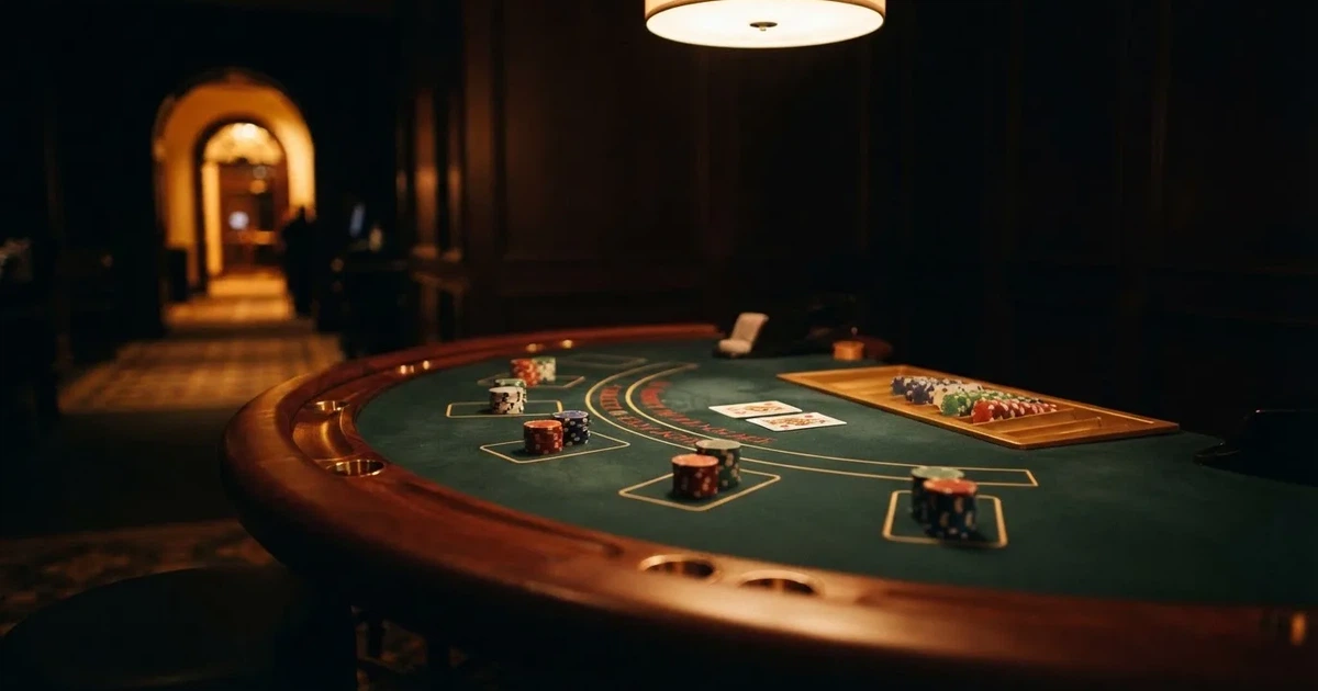 Ett halvmåneformat kortbord i en tyst sal, spelmarker framför varje plats och mjukt takljus — live blackjack i sverige