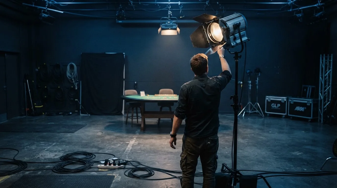 En tekniker justerar belysningsutrustning bakom scenen i ett tomt tv-studio-liknande rum med kablar synliga på golvet.