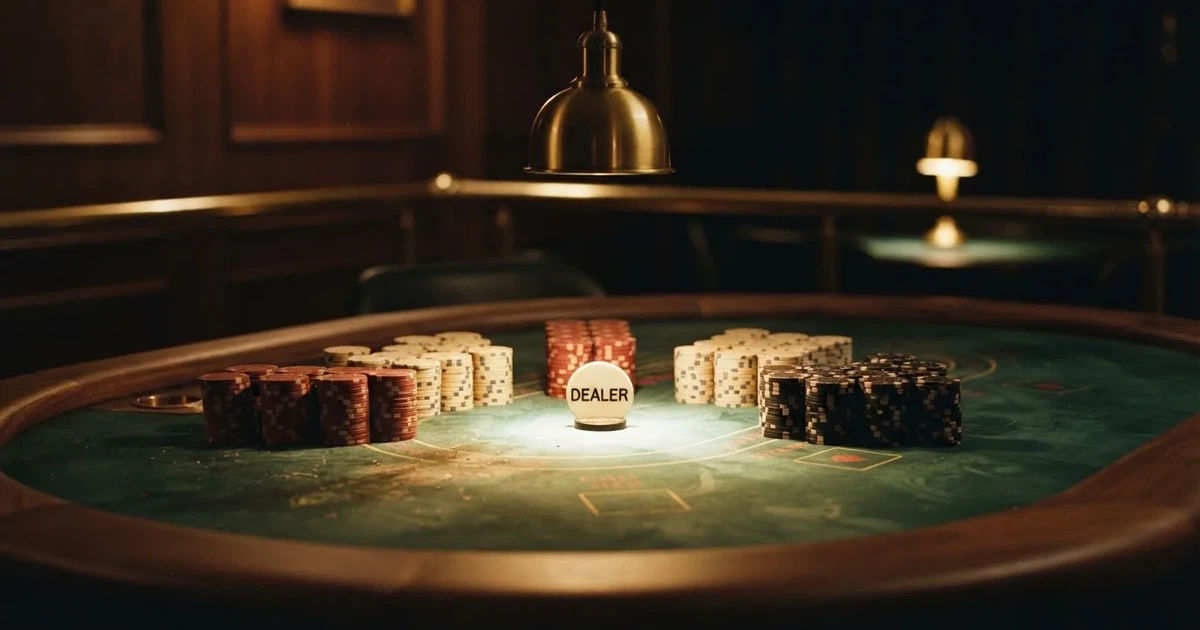 Ett ovalt pokerbord under en lågt hängande lampa, med spelmarker och en vit bricka i ljuset — live kasino i sverige
