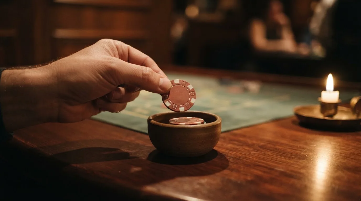 En hand lyfter en spelmark ur en skål, ljuslågan färgar bordet gyllenbrunt — live roulette i sverige