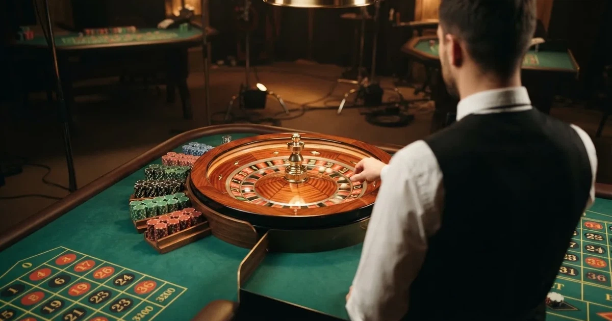 Croupierens händer blandar kort på grönt filt, taklampan speglas i den blanka kortbunten — live roulette i sverige