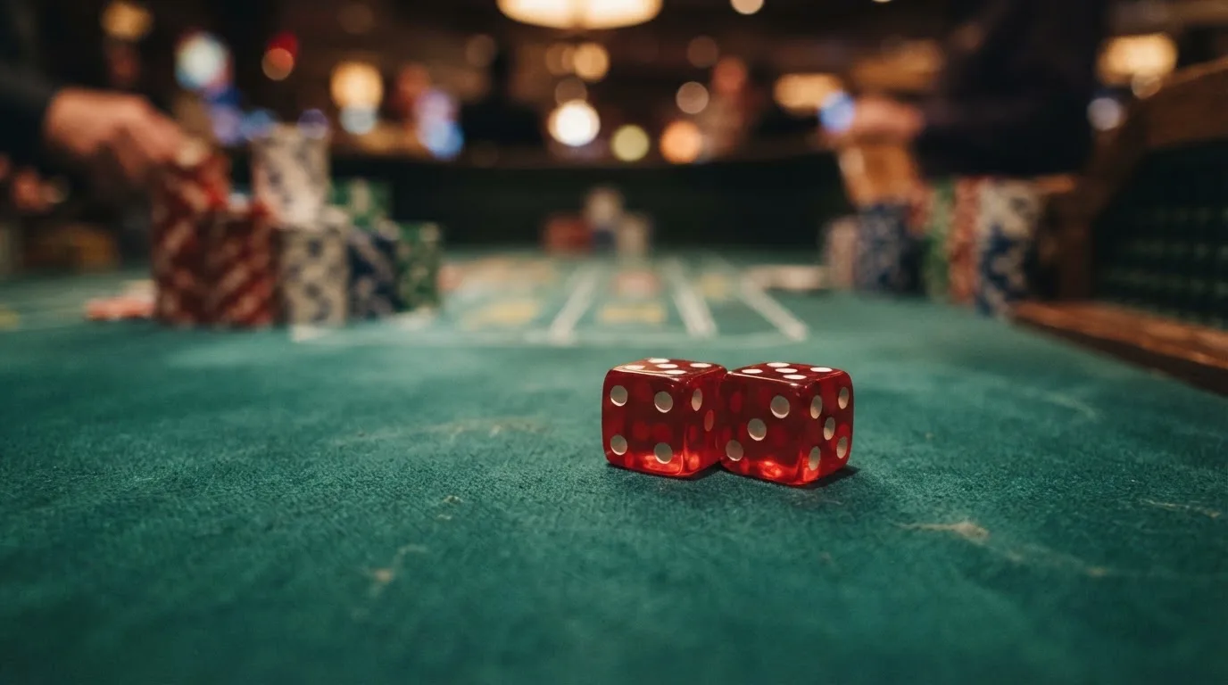 Röda tärningar vilar på grönt filt, bakom dem suddiga torn av spelmarker i kvällsdunklet — nytt casinon i sverige