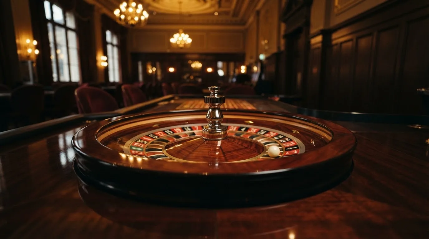 Ett roulettehjul snurrar på ett blankt träbord, den vita kulan glimmar i takljusets guld — online blackjack i sverige