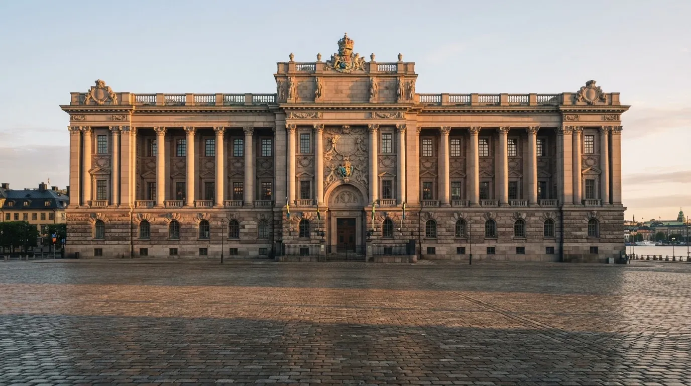 Stenfasad på en statlig byggnad i Stockholm vid gryning, höga pelare och ett tomt torg framför — online blackjack i sverige