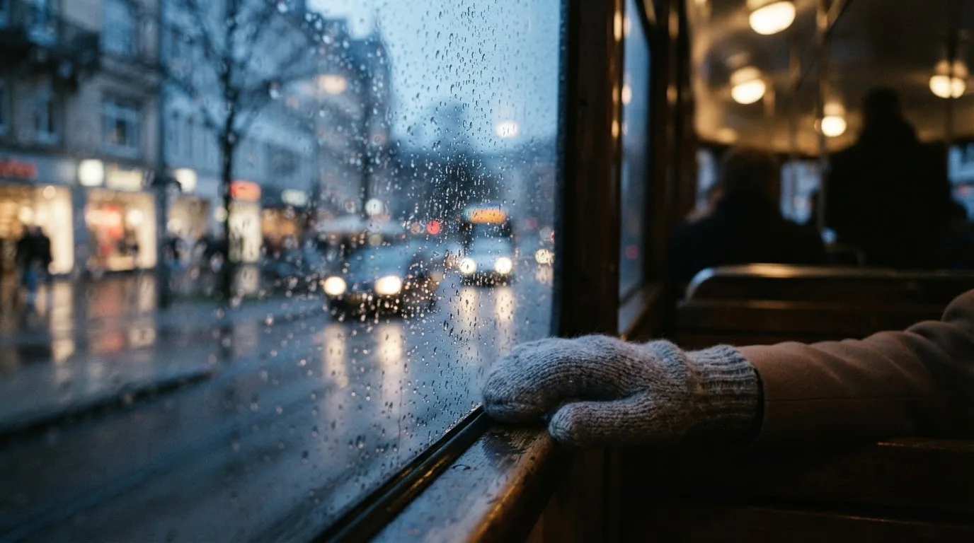 Regndroppar på en spårvagnsruta, bakom glaset en blånande gata, en mjuk yllevante i handen — online kasino i sverige
