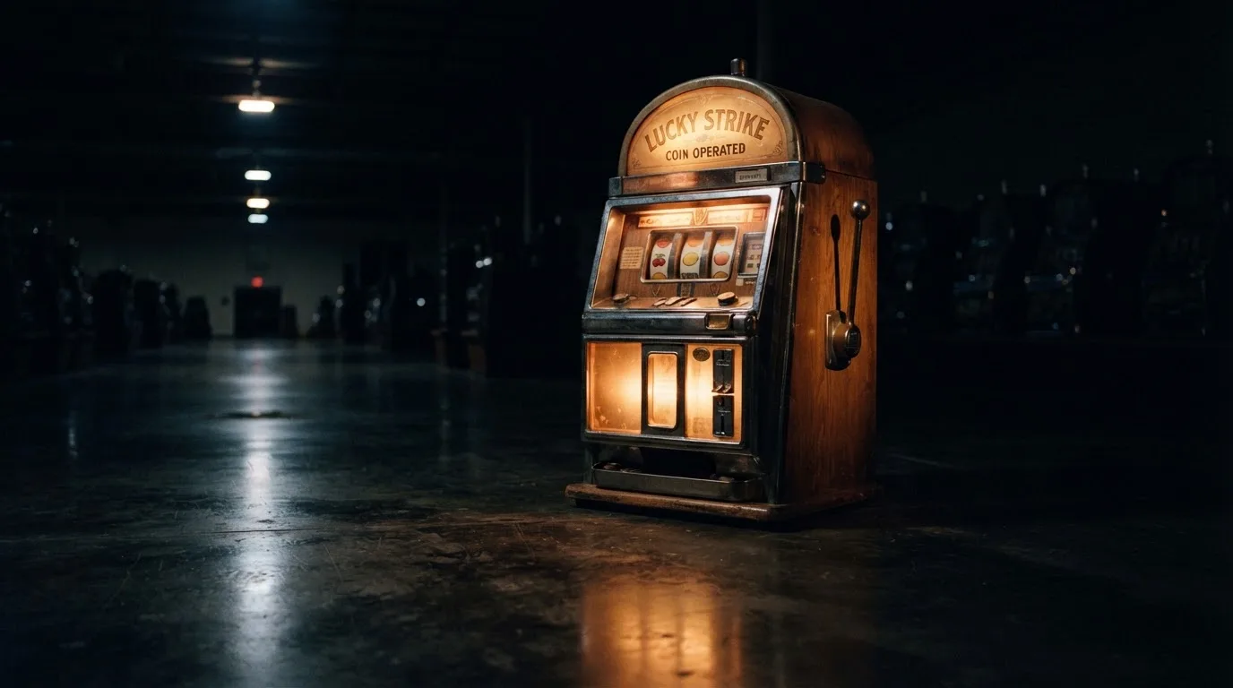 En gammal spelautomat lyser i den dunkla hallen och speglar sig i golvet — populära casinon i sverige