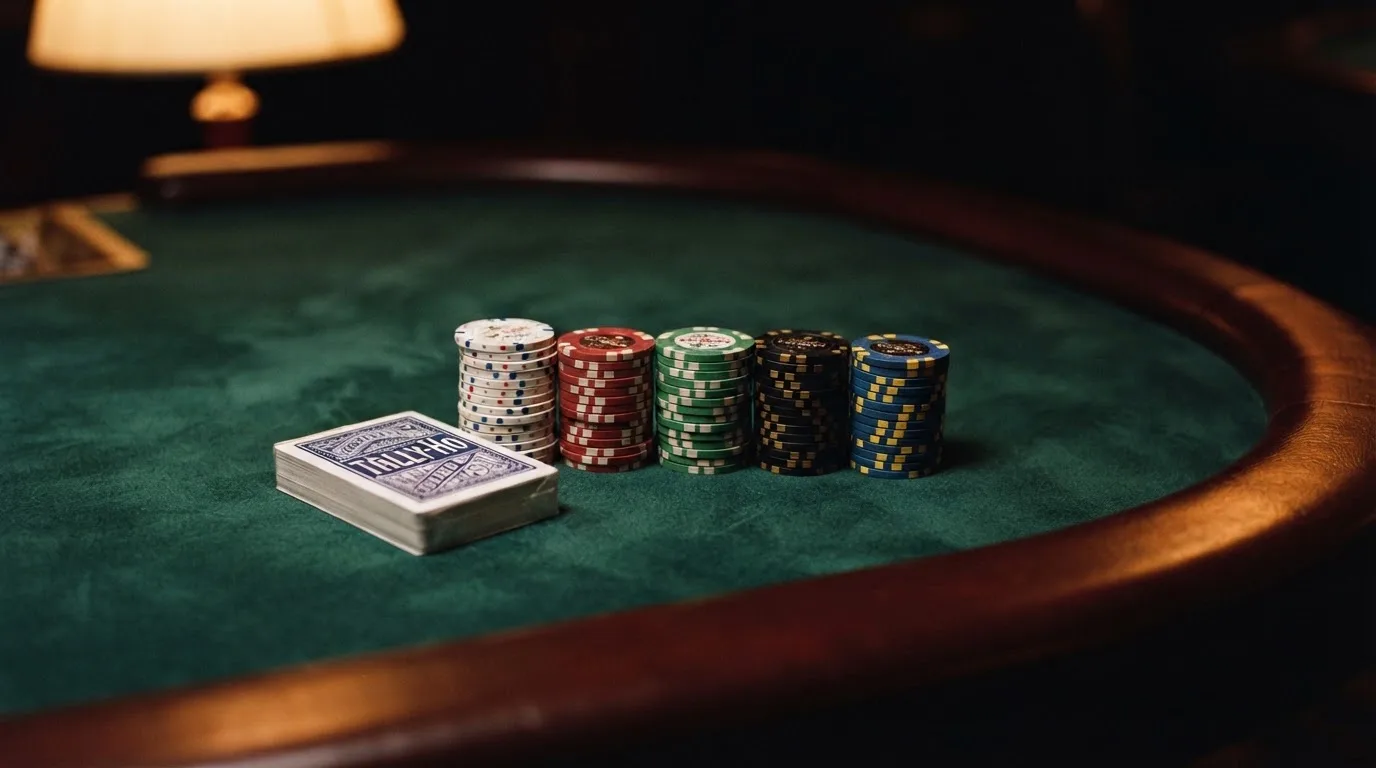 Kortlek och staplar av spelmarker på ett grönt filtbord i en dunkel salong, varmt lampsken — roulette gratis i sverige