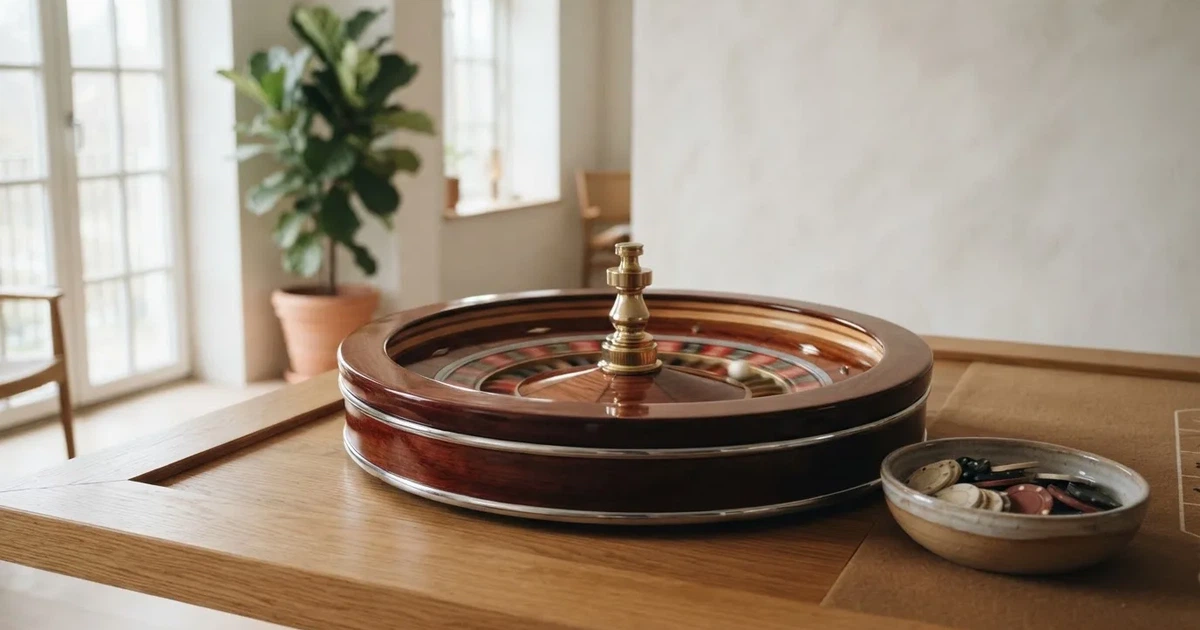 Ett lyckohjul med träpil snurrar i ett ljust rum, de färgglada fälten suddiga av farten — roulette med bonus i sverige