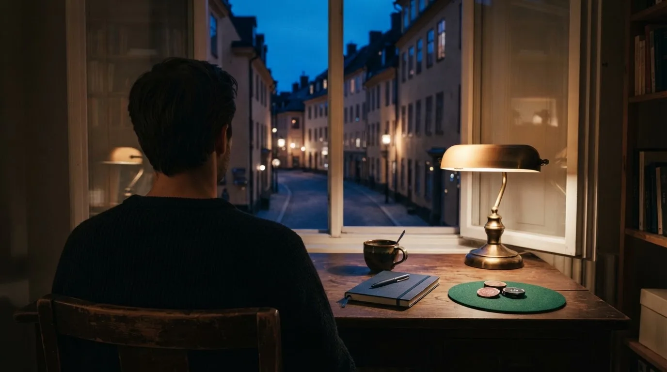 En person sitter vid ett skrivbord hemma med en kopp kaffe och tittar ut genom fönstret medan kvällsljuset faller in mjukt.