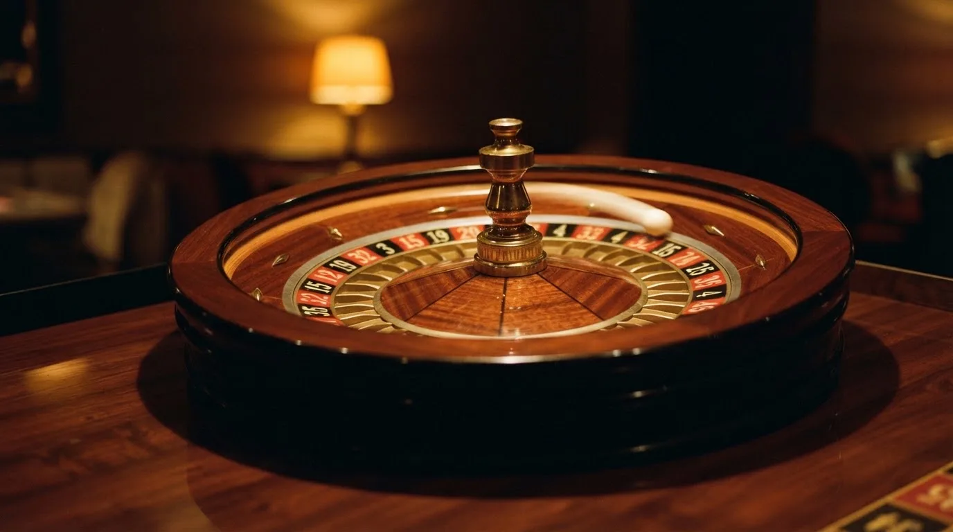 Ett roulettehjul snurrar på ett blankt träbord, den vita kulan glimmar i takljusets guld — roulette på nätet i sverige
