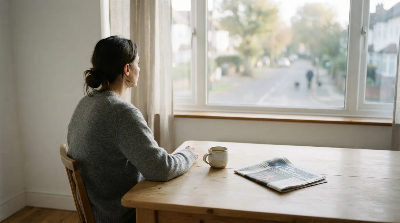 En person sitter vid köksbordet med en kopp kaffe och tittar ut genom fönstret i mjukt morgonljus.