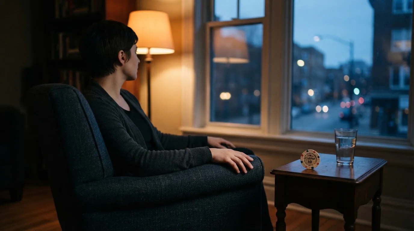 En person sitter ensam i en fåtölj med händerna knäppta och blicken riktad ut genom fönstret en lugn kväll.