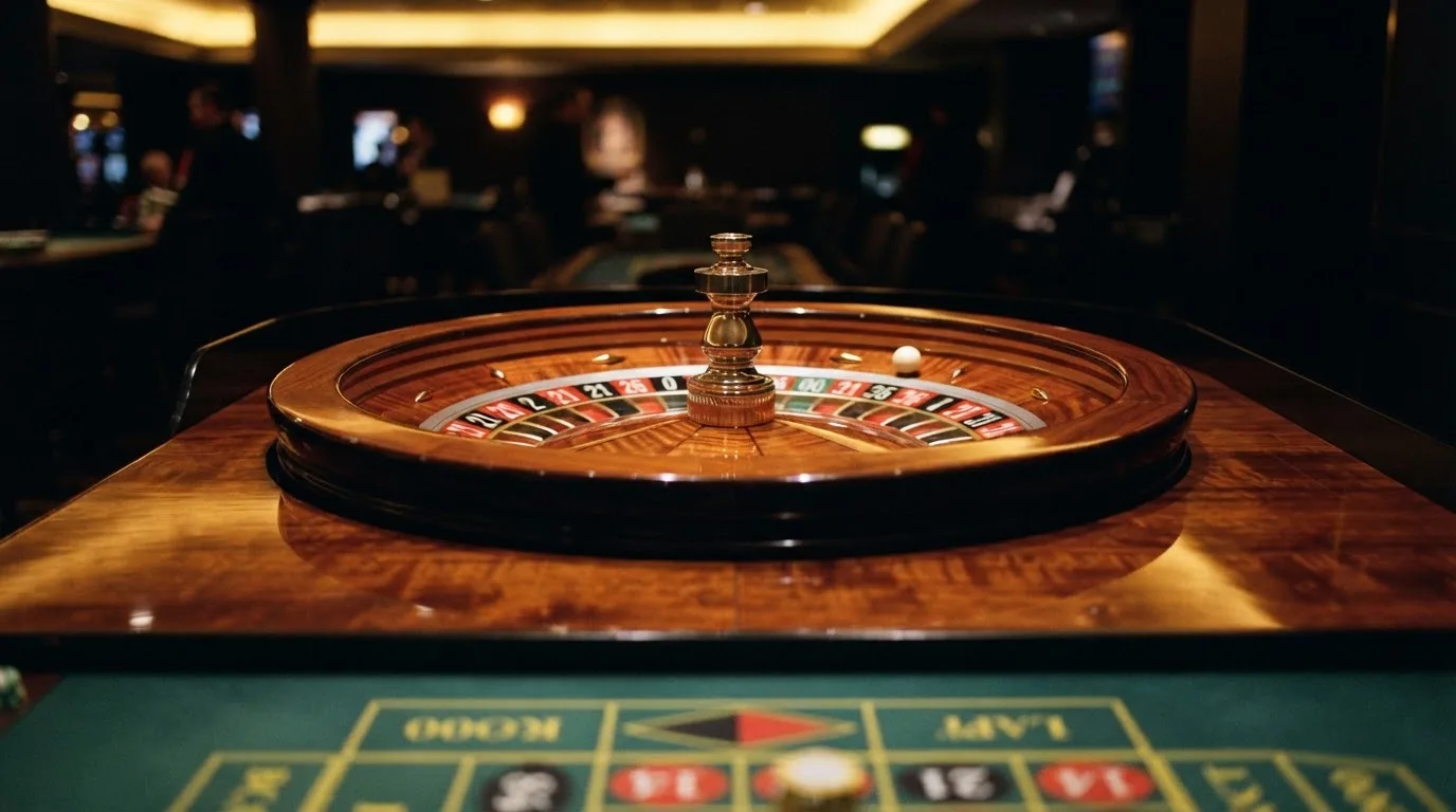 Ett roulettehjul snurrar på ett blankt träbord, den vita kulan glimmar i takljusets guld — spela spelautomater i sverige