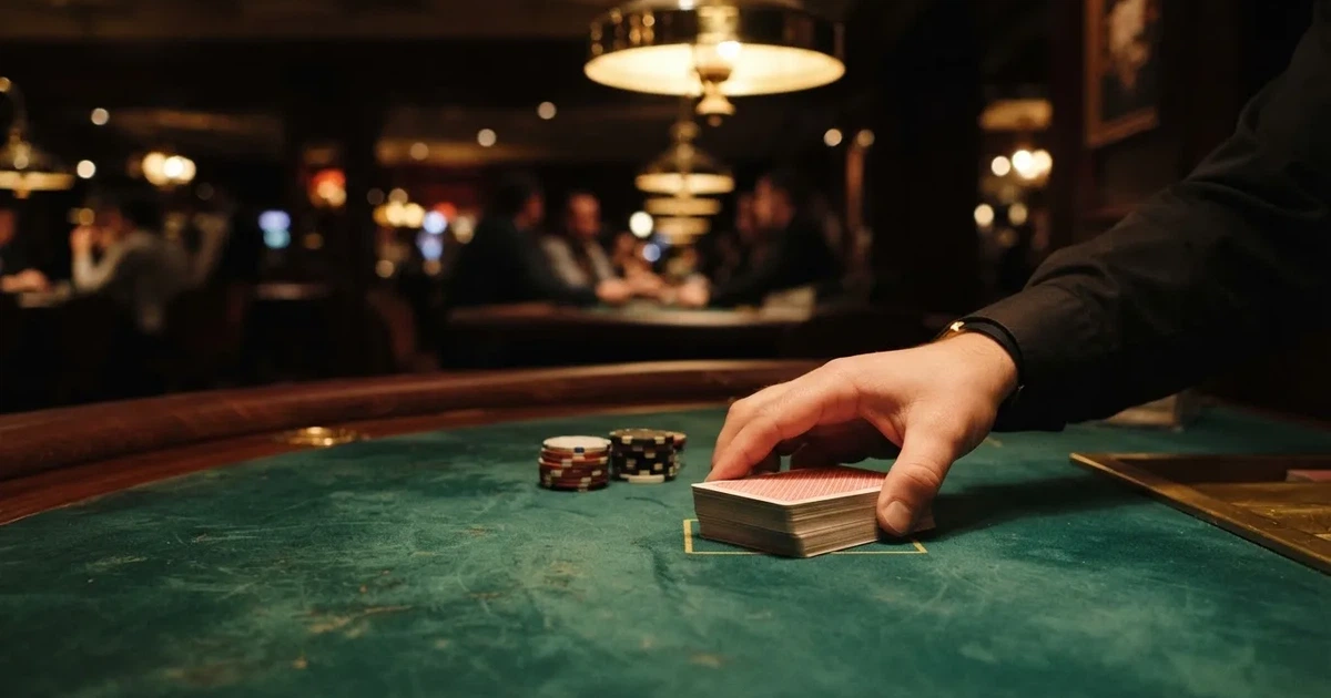 Croupierens händer blandar kort på grönt filt, taklampan speglas i den blanka kortbunten — spela spelautomater i sverige