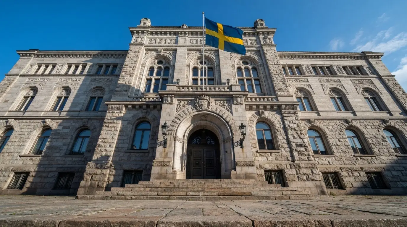 Ett gammalt stadshus i sten fotograferat underifrån mot en klarblå himmel, med den svenska flaggan som fladdrar ovanför entrén.