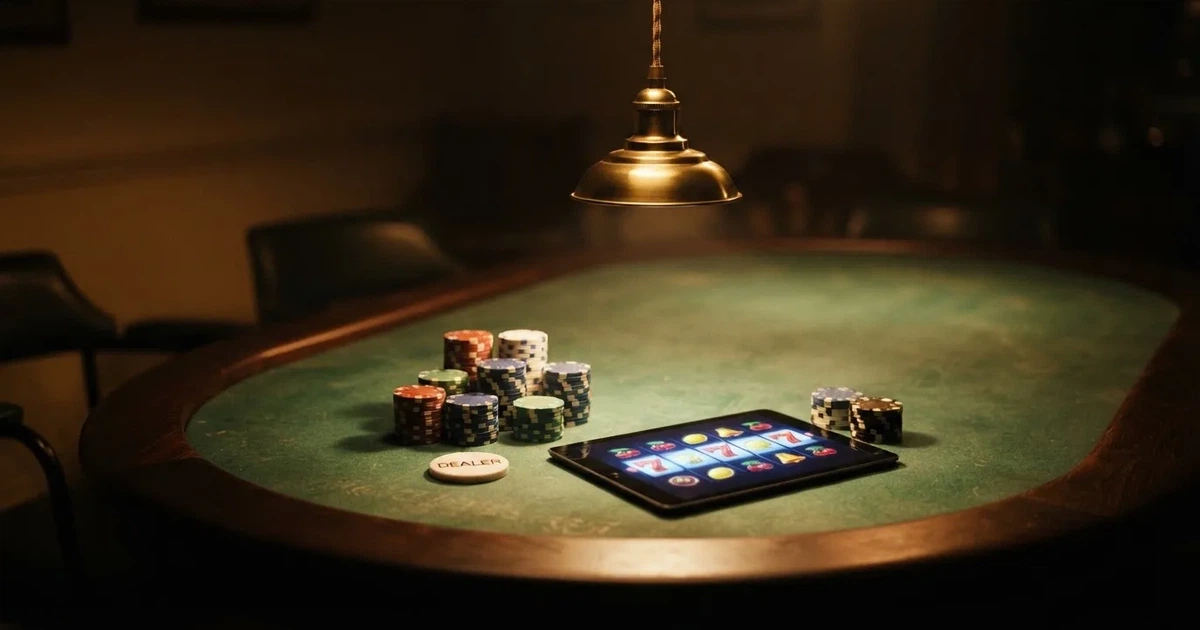 Ett ovalt pokerbord under en lågt hängande lampa, med spelmarker och en vit bricka i ljuset — spelautomater på nätet
