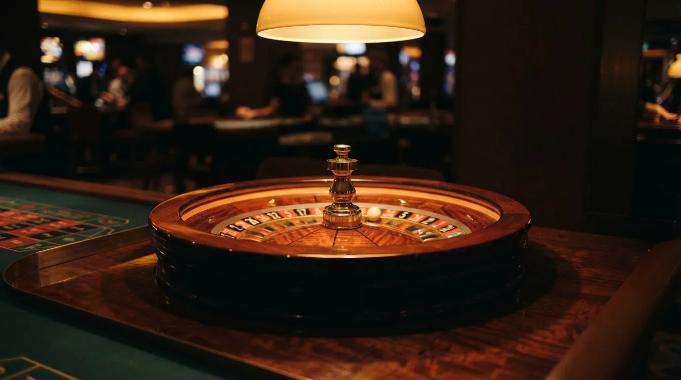 Ett roulettehjul snurrar på ett blankt träbord, den vita kulan glimmar i takljusets guld — svenska casino betala med telefon
